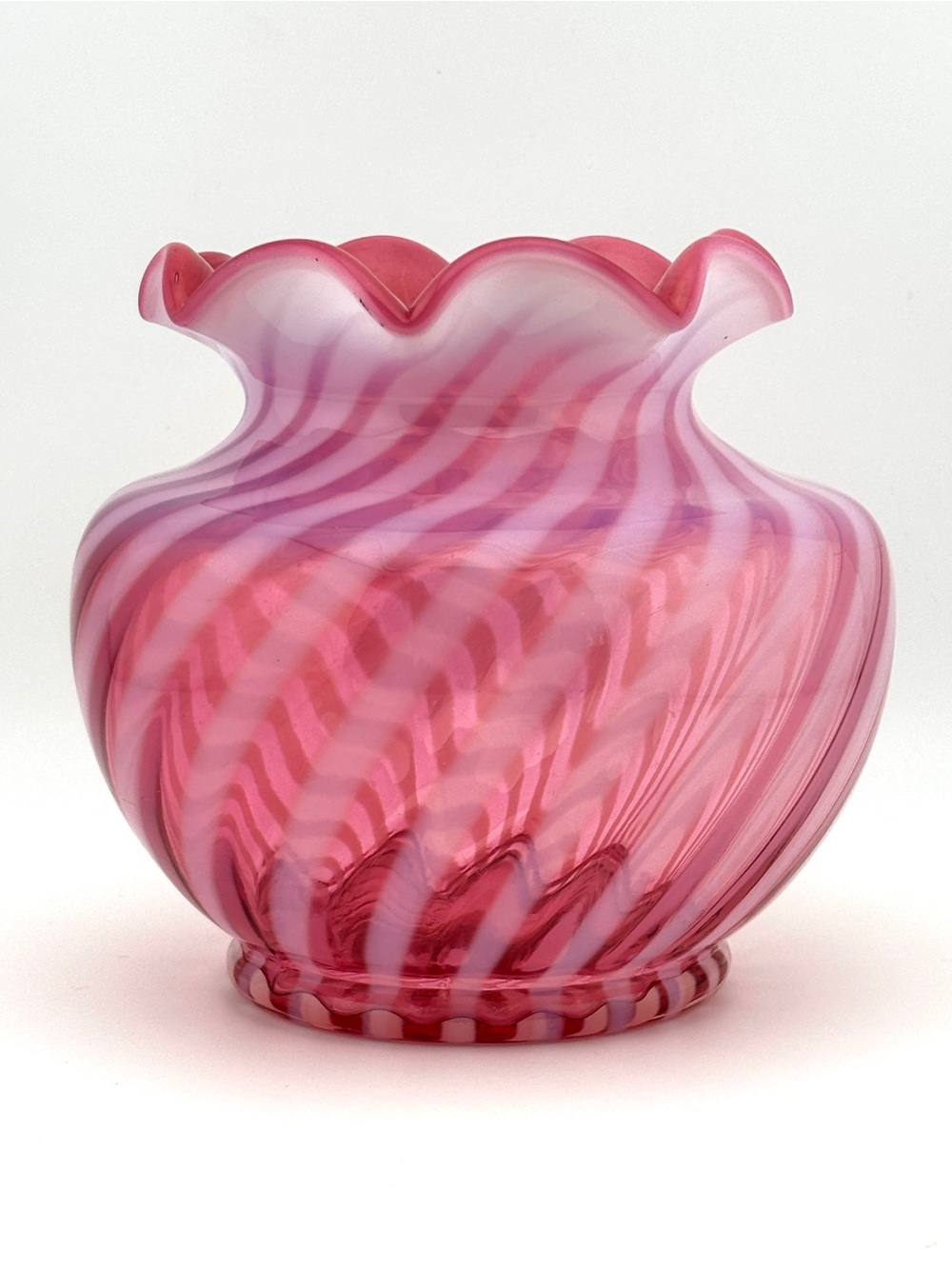 Vintage Fenton Cranberry Opalescent Spiral Optic Cupped Crimped Glass Vase